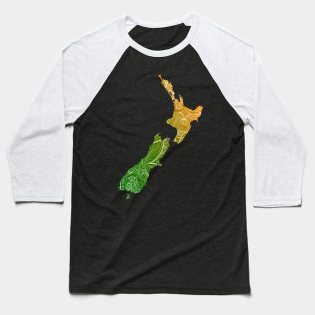 Colorful mandala art map of New Zealand with text in green and orange Baseball T-Shirt by Happy Citizen